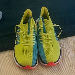 Hoka Neon Yellow and Teal Athletic Shoes